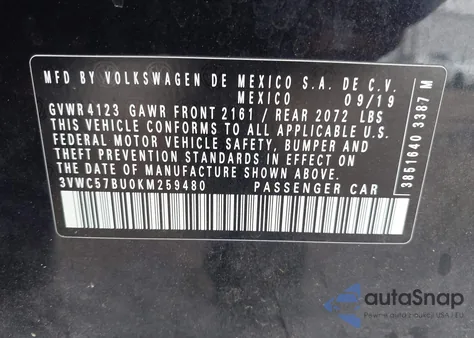 2019 Volkswagen Jetta 1.4T R-Line/1.4T S/1.4T Se z USA, uszkodzony, nr VIN 3VWC57BU0KM259480